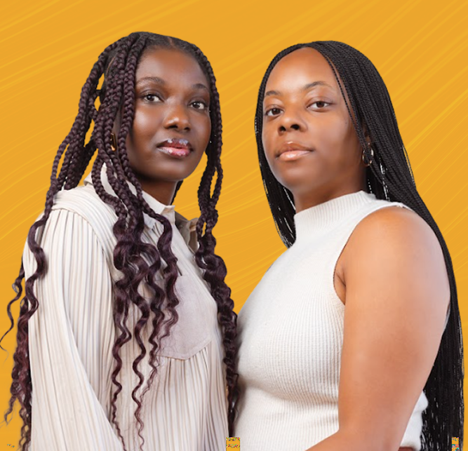 Two women with different braided styles next to text about the Braids For Good workforce initiative.