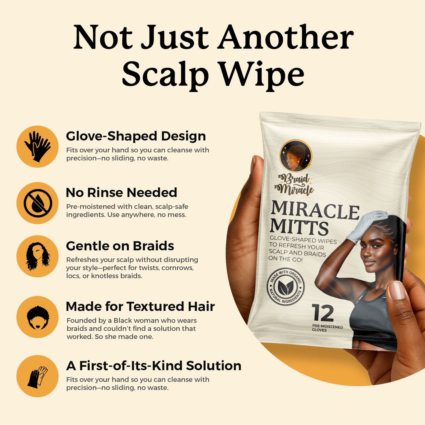 Product packaging of Miracle Mitts with features listed on a beige background