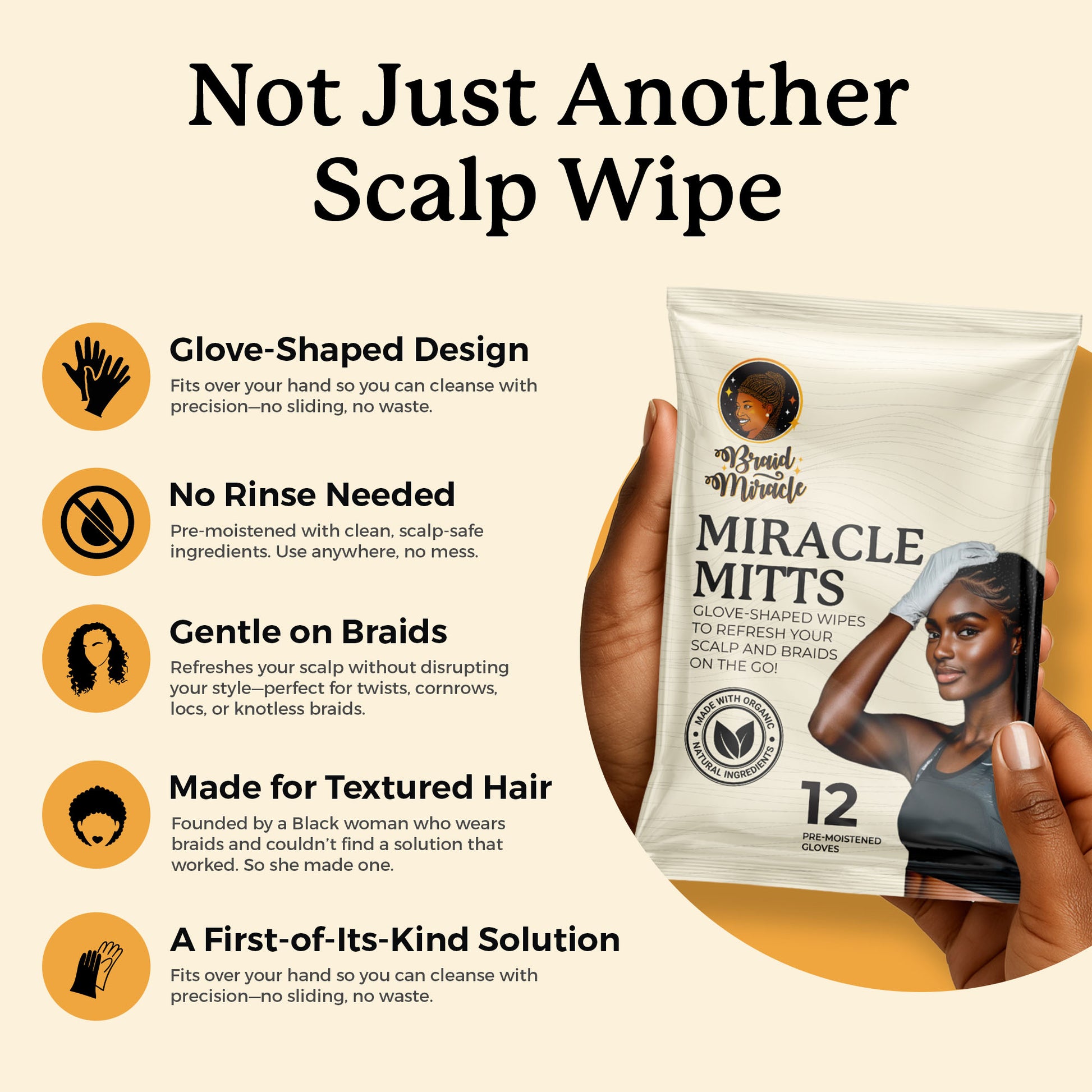 Product packaging of Miracle Mitts with features listed on a beige background