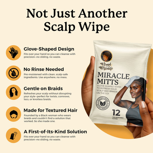 Product packaging of Miracle Mitts with features listed on a beige background