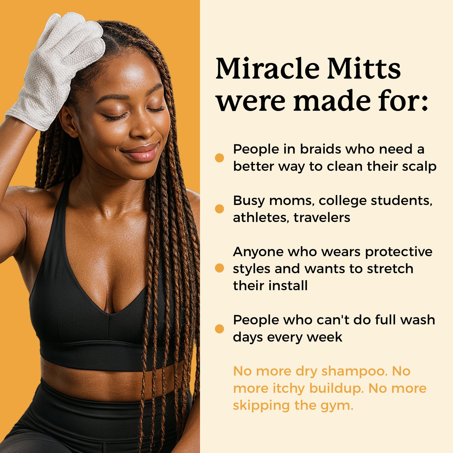Woman with braids wearing a 'Miracle Mitts' glove on an orange background with text about product benefits.