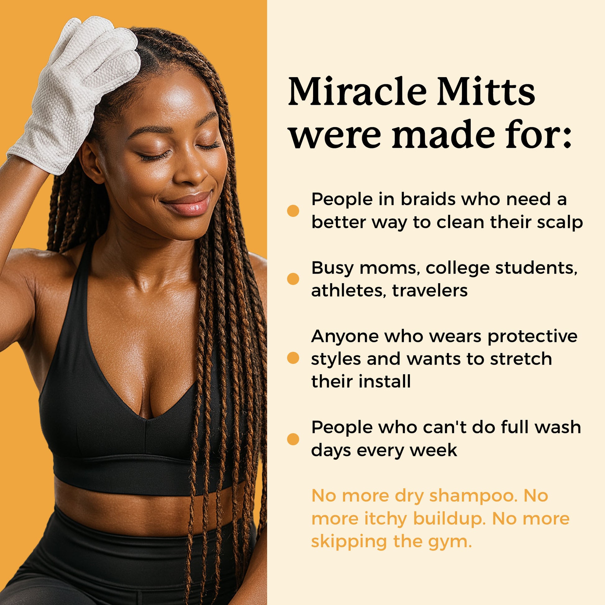 Woman with braids wearing a 'Miracle Mitts' glove on an orange background with text about product benefits.